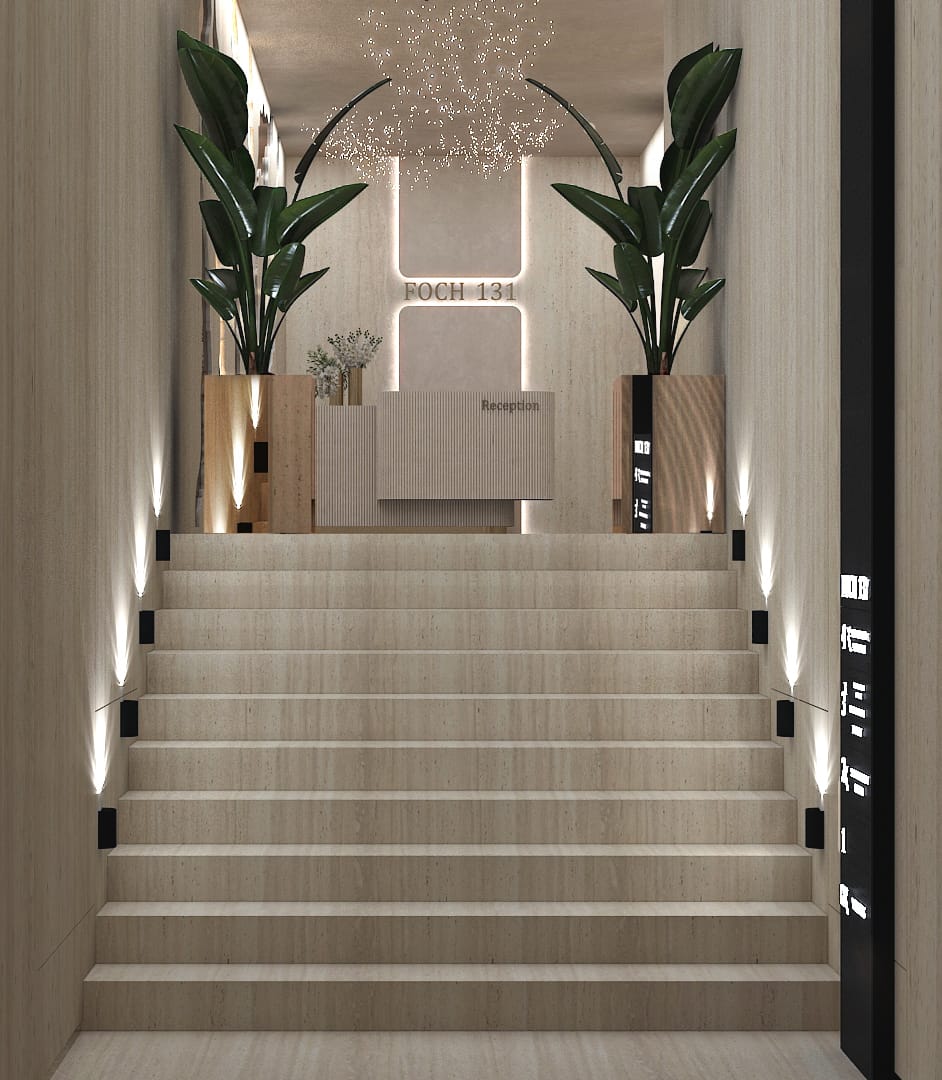Travertine stair approach to the reception with planters and wall lighting