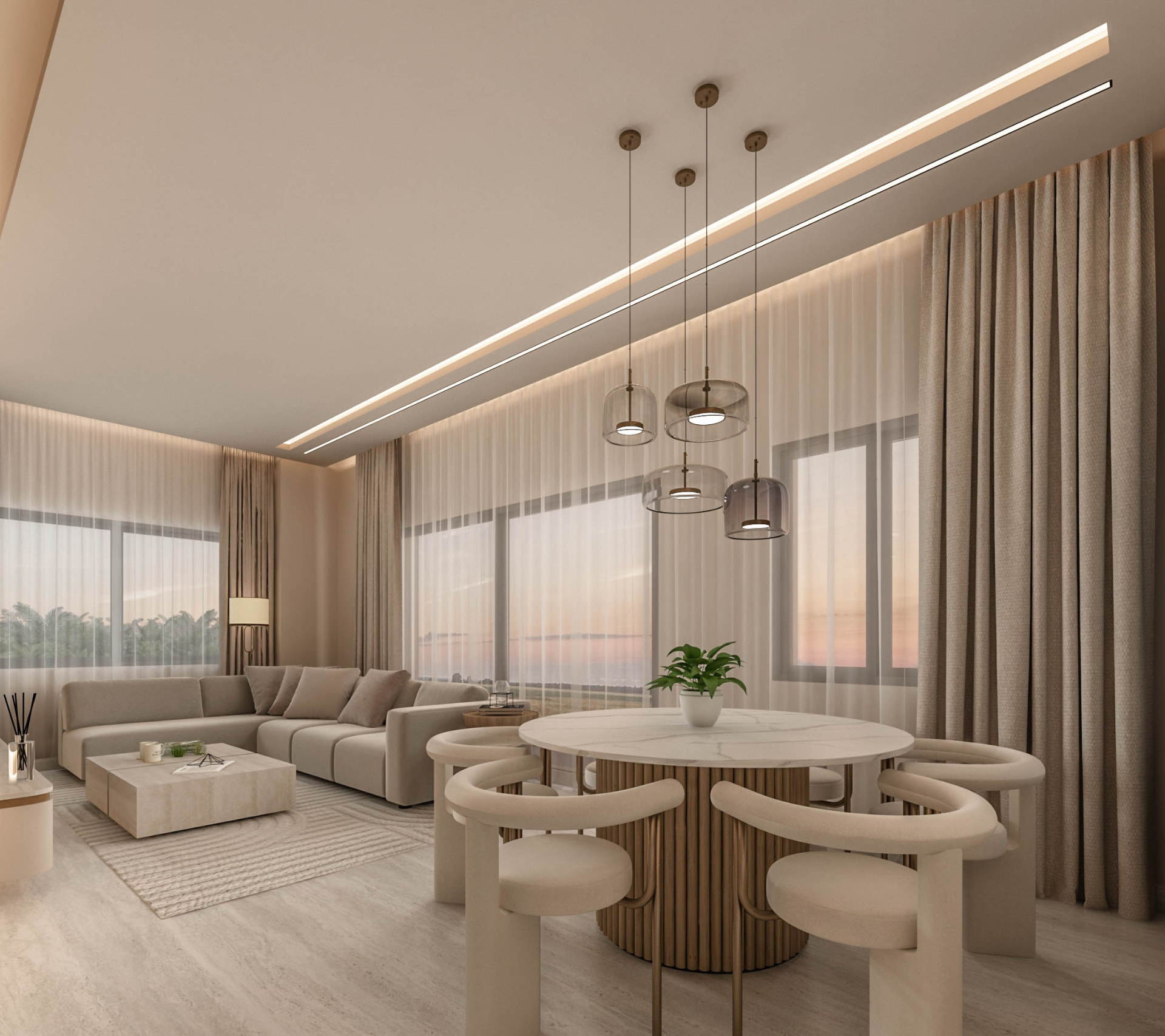 Open living and dining volume with sheer curtains and linear ceiling light