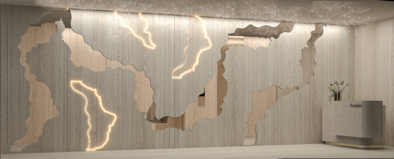 Sculptural torn-edge feature wall in travertine, mirror and bronze with neon outlines