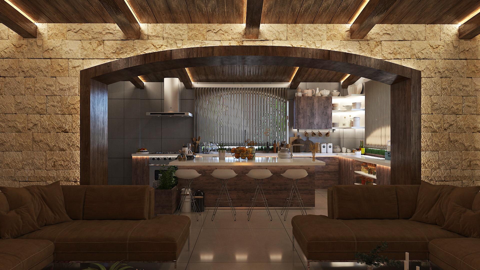 Stone archway framing the open kitchen and living area