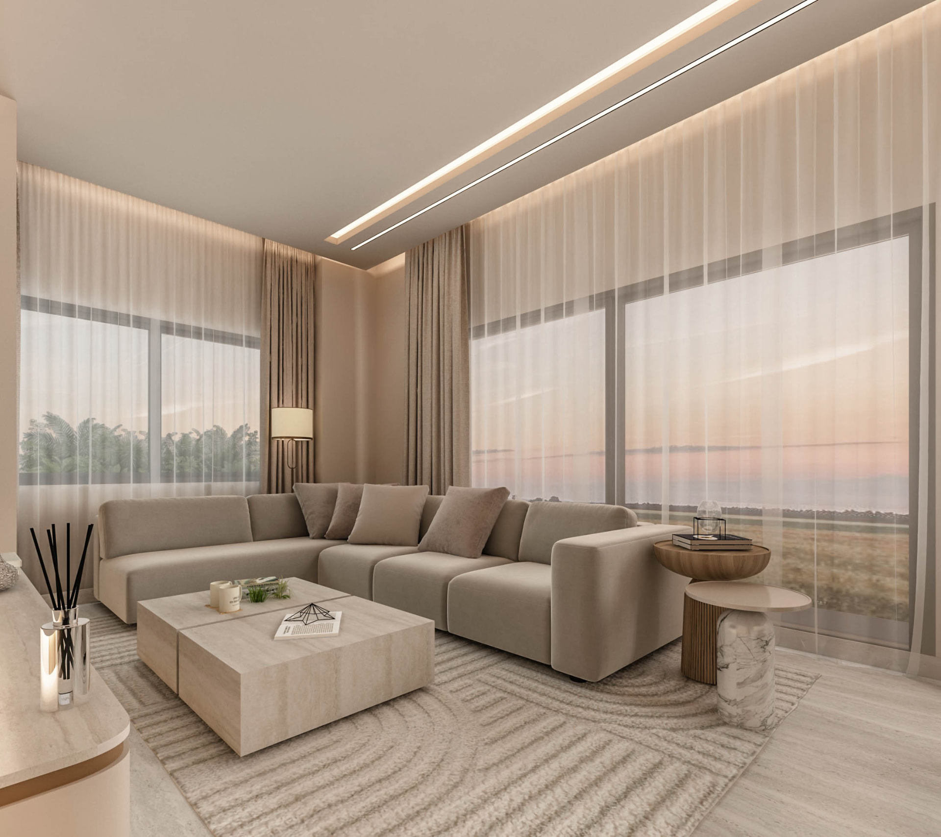 Living room at dusk with full-height glazing and layered sheer curtains