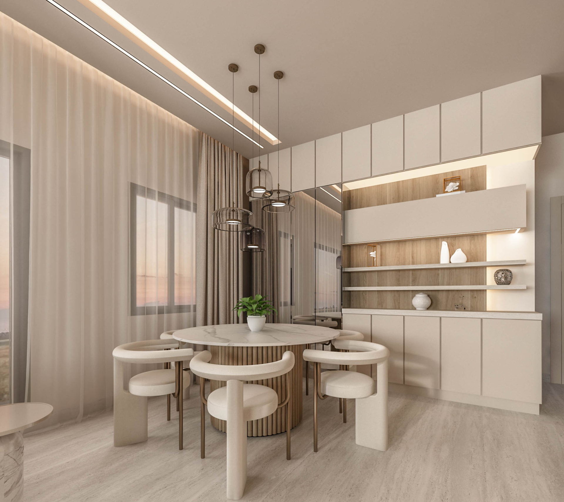 Dining area with fluted marble table, curved chairs and backlit timber joinery