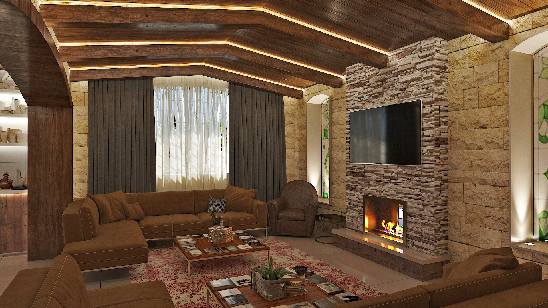 Family living room with stone fireplace, leather seating and timber ceiling