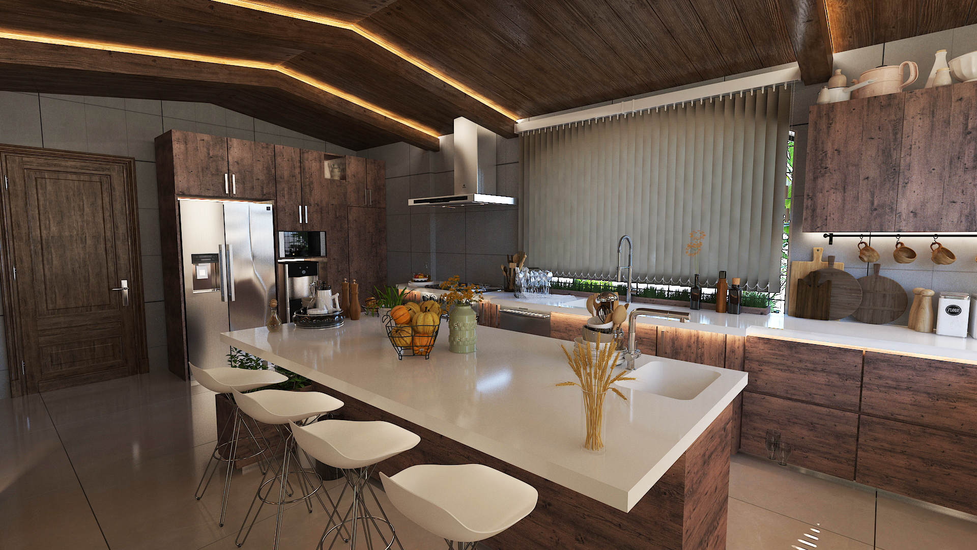 Kitchen island with bar stools, timber joinery and concealed lighting