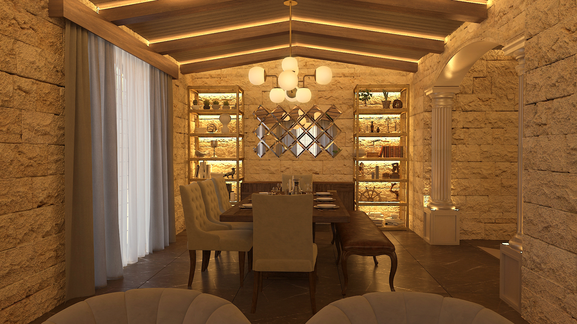 Dining room with timber table, brass shelving and globe chandelier