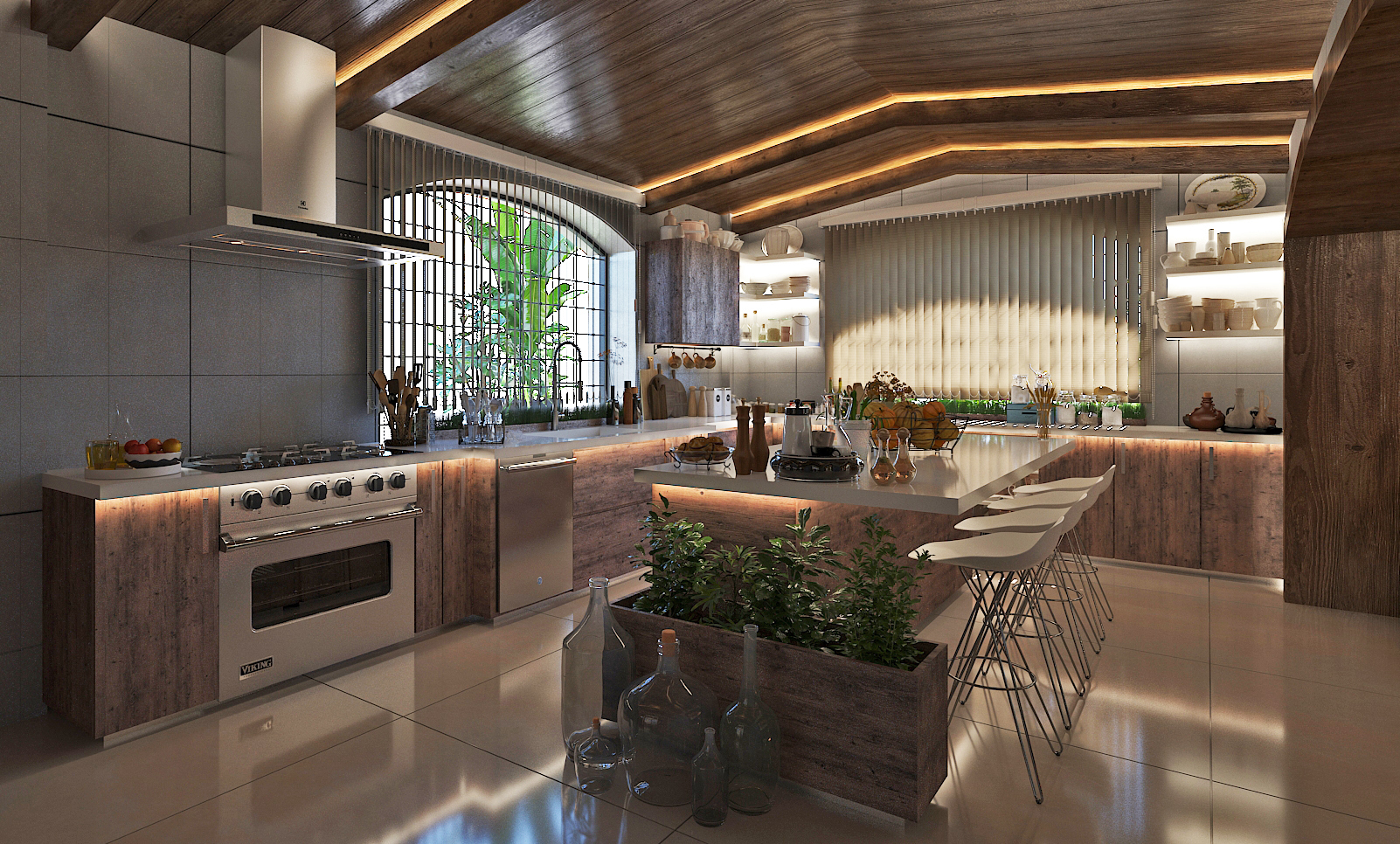 Open kitchen with timber cabinetry, stone counters and planted island