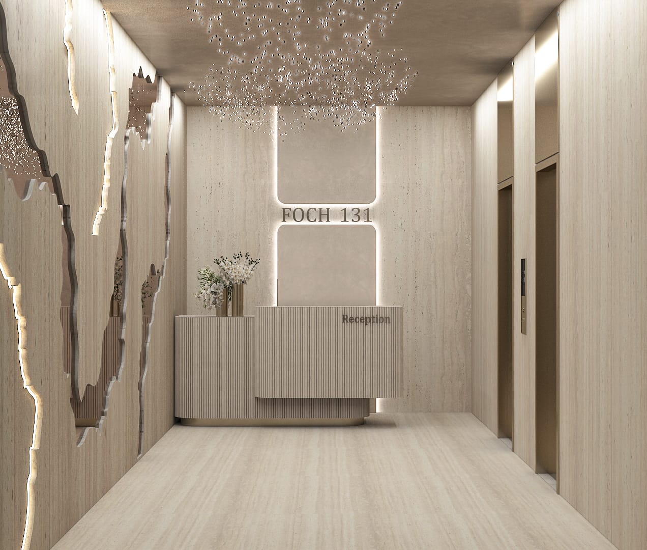 Travertine building entrance with fluted reception desk, sculptural feature wall and scattered ceiling lights