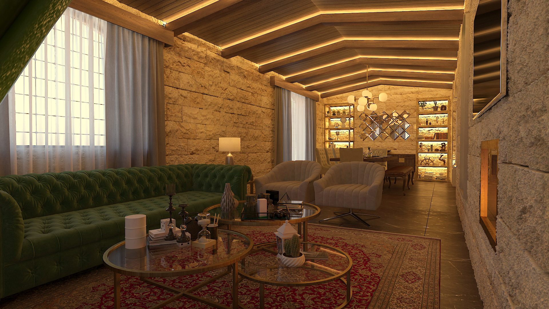 Living room in the Rustic Modern Home with stone walls, timber ceiling and green tufted sofa