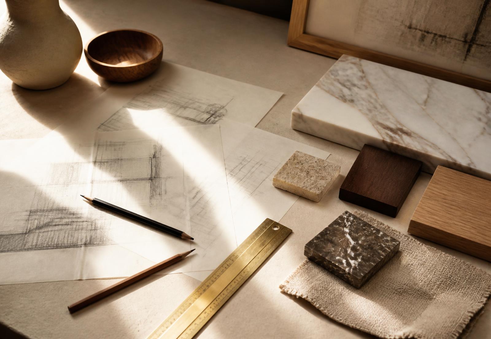 Architectural drawings, marble and timber samples on a studio table in morning light